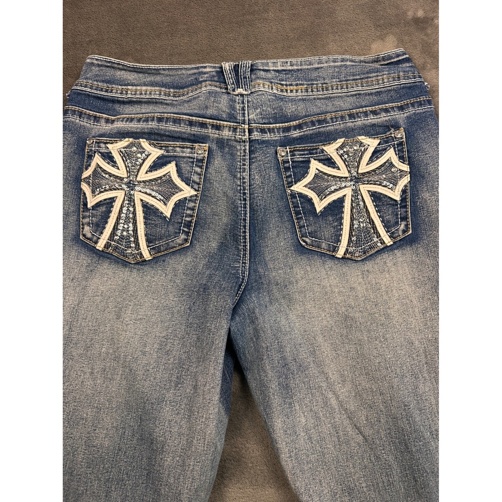 Revolt Womens Bootcut Jeans Size 10 Blue Distressed Cross Sequin Pockets Y2K